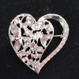 Napier Pink and Silver Heart Brooch with Filigree Design